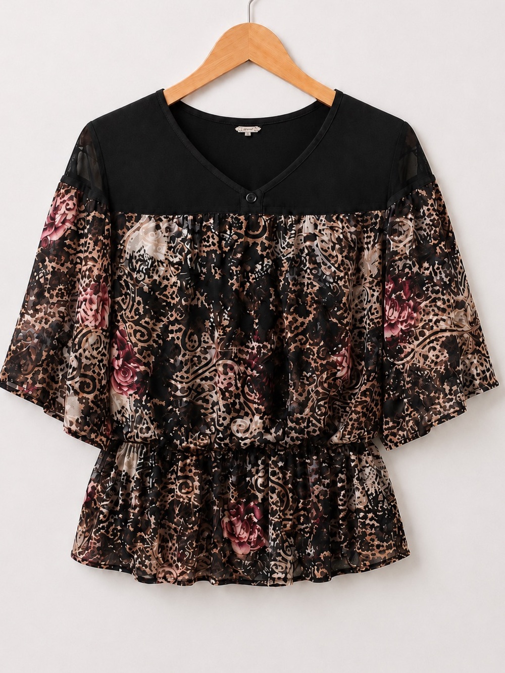 Gimmicks by BKE Velvet Floral Peplum Blouse Black Mesh Boho Top Size Small